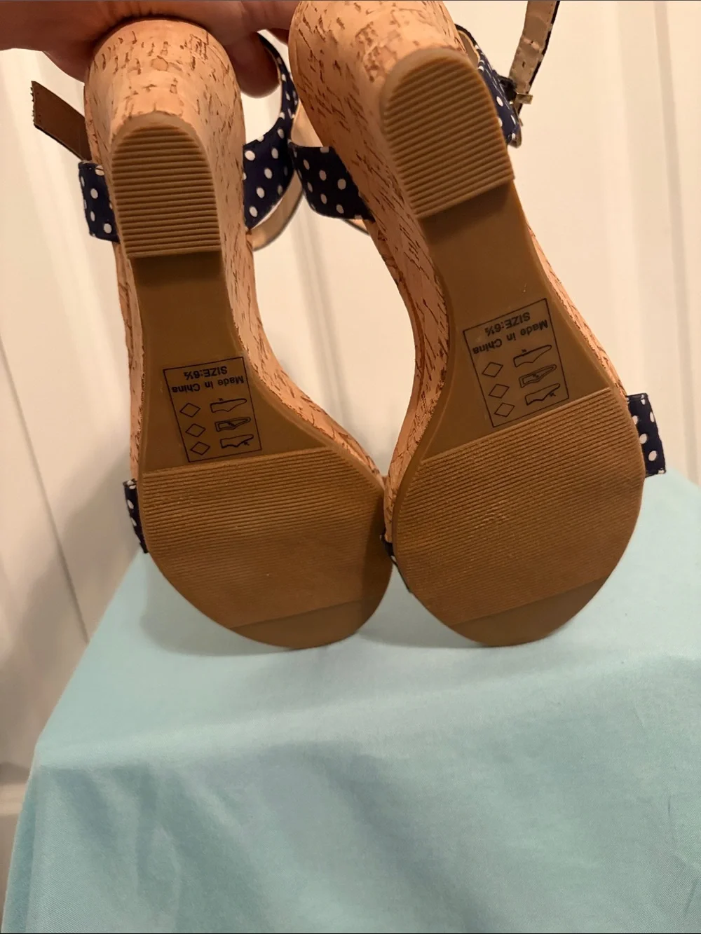 Lulu's Navy Polka Dot Cork Wedge Sandals